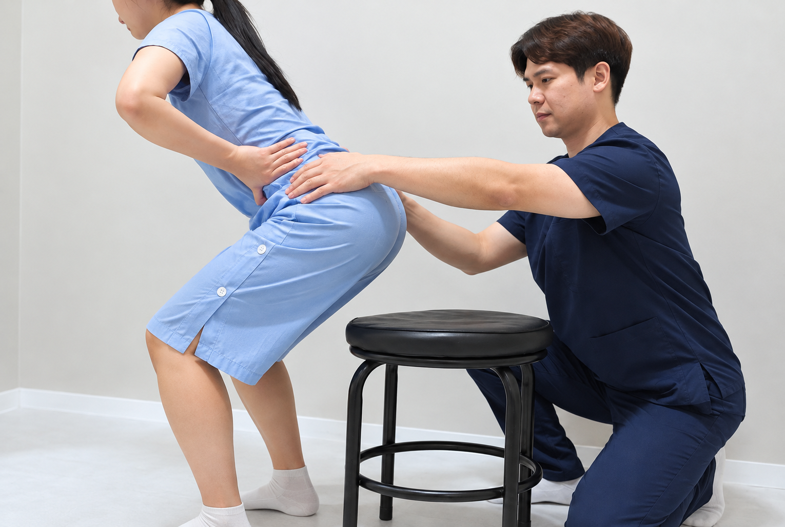 물리치료실에서 허리와 골반 정렬을 살펴보는 스쿼트 자세 평가